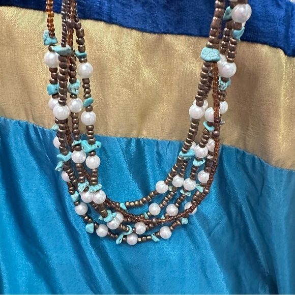 Woman’s 5 strand, multi beaded necklace, mixed beads, turquoise chips 5395 P - Picture 9 of 11